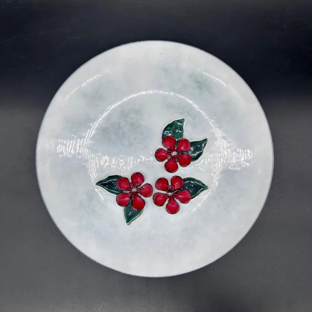 Vintage Bovano of Chester Enamel On Copper Plate Floral Dish White Red Flowers - Picture 2 of 6